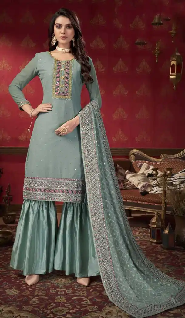 Ash Grey Color Fox Georgette Designer Festive Wear Sharara Suit- 3109144636
