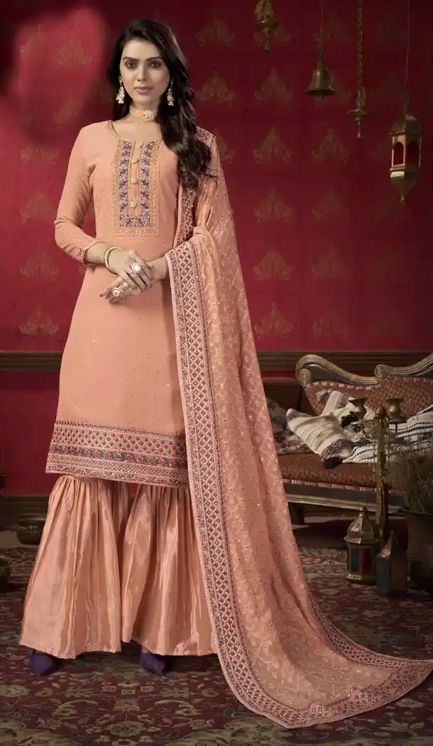 Peach Color Fox Georgette Designer Festive Wear Sharara Suit- 3109144638