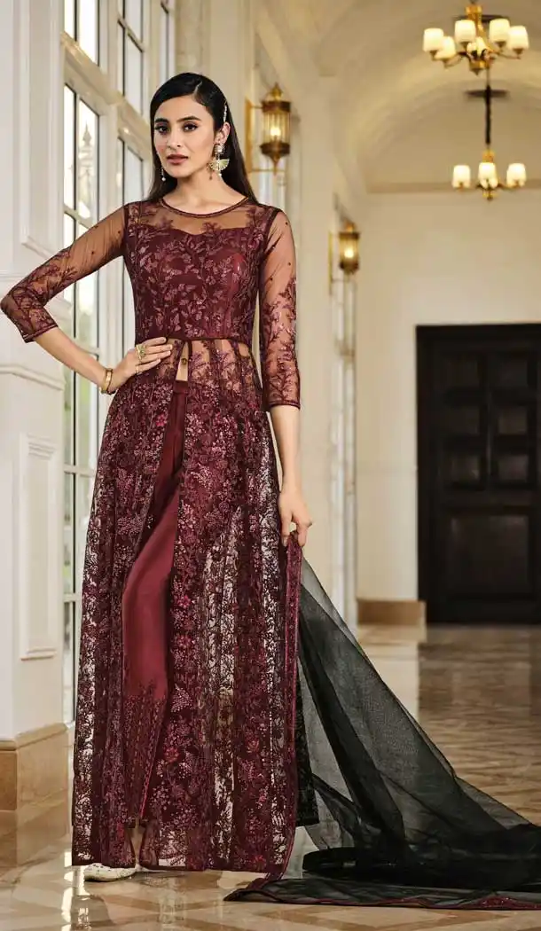 Maroon Color Net Heavy Embroidery Work Designer Salwar Kameez -3147144803