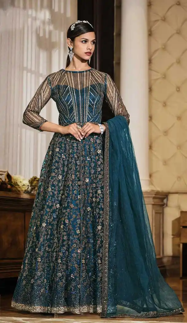 Teal Color Net Heavy Embroidery Work Designer Salwar Kameez -3147144804