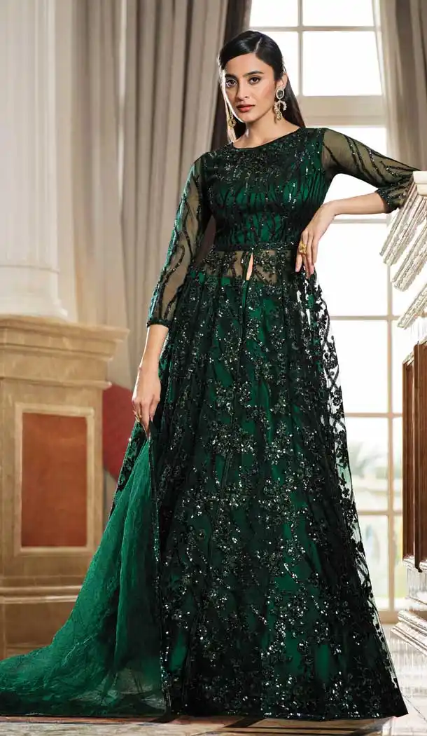 Green Color Net Heavy Embroidery Work Designer Salwar Kameez -3147144805