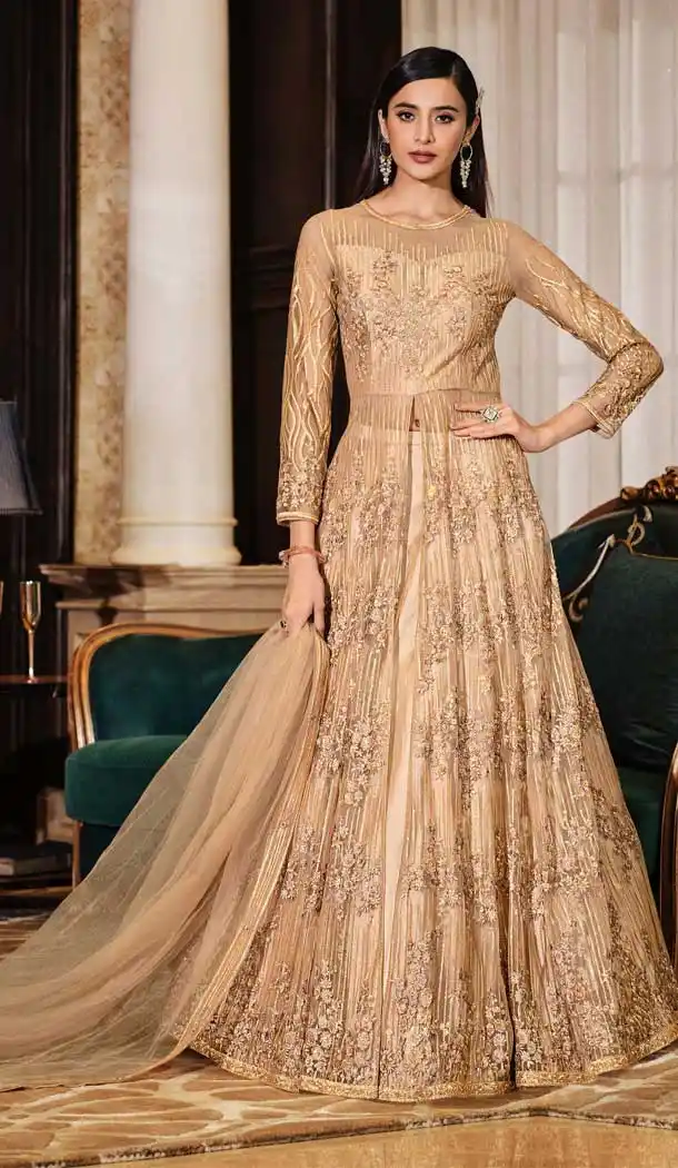 Beige Color Net Heavy Embroidery Work Designer Salwar Kameez -3147144807