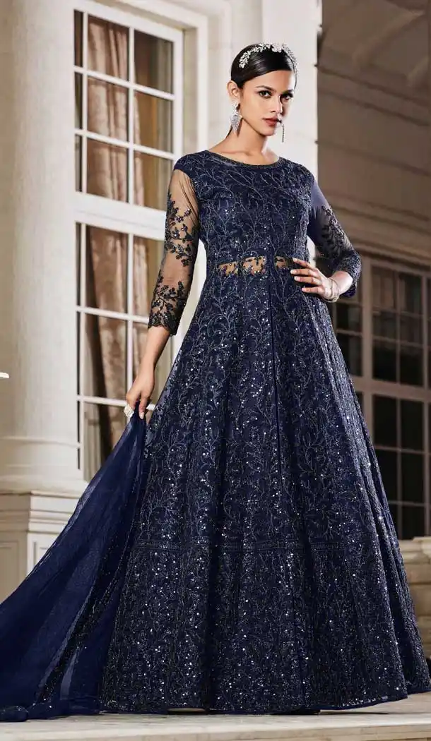 Navy Blue Color Net Heavy Embroidery Work Designer Salwar Kameez -3147144809