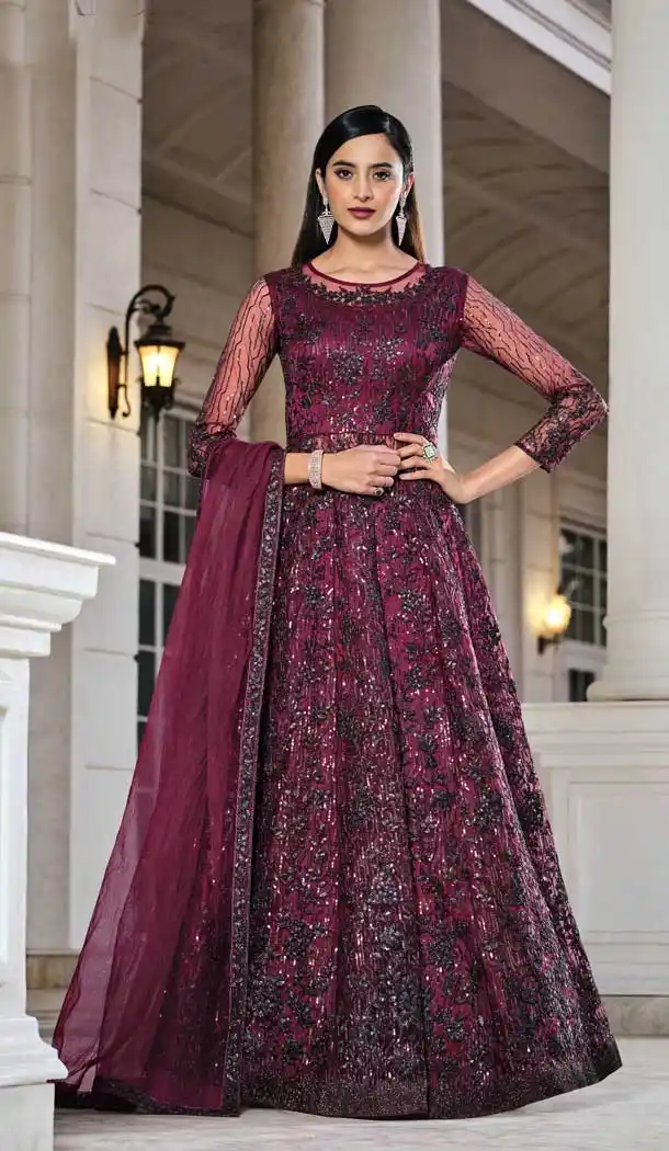 Wine Color Net Heavy Embroidery Work Designer Salwar Kameez -3147144810