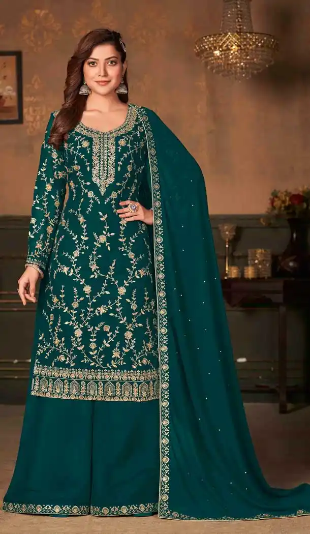 Teal Blue Color Fox Georgette Evening Party Wear Palazzo Salwar Suit -3203145142