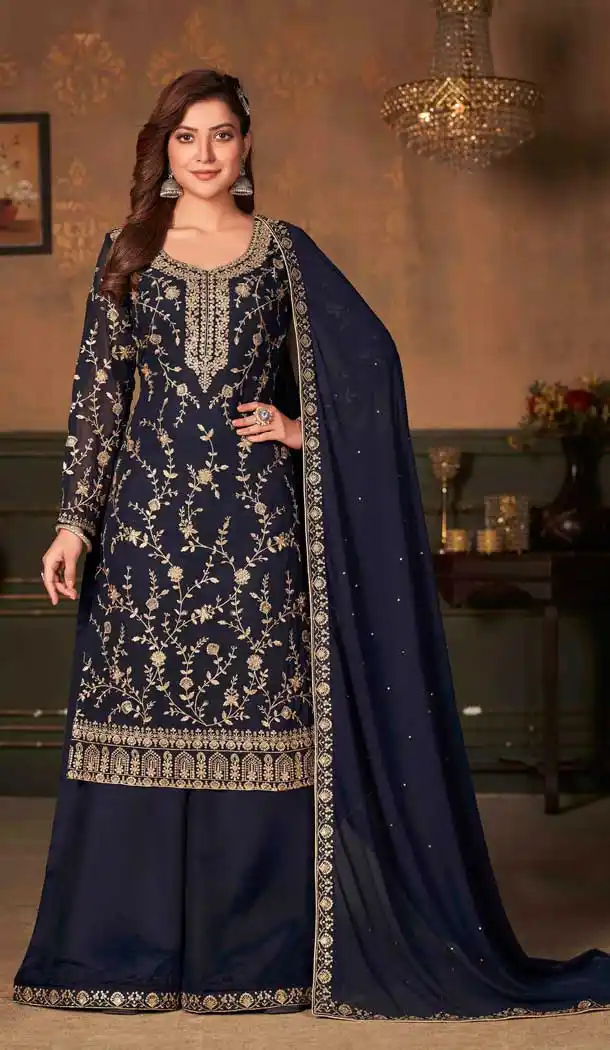Navy Blue Color Fox Georgette Evening Party Wear Palazzo Salwar Suit -3203145144