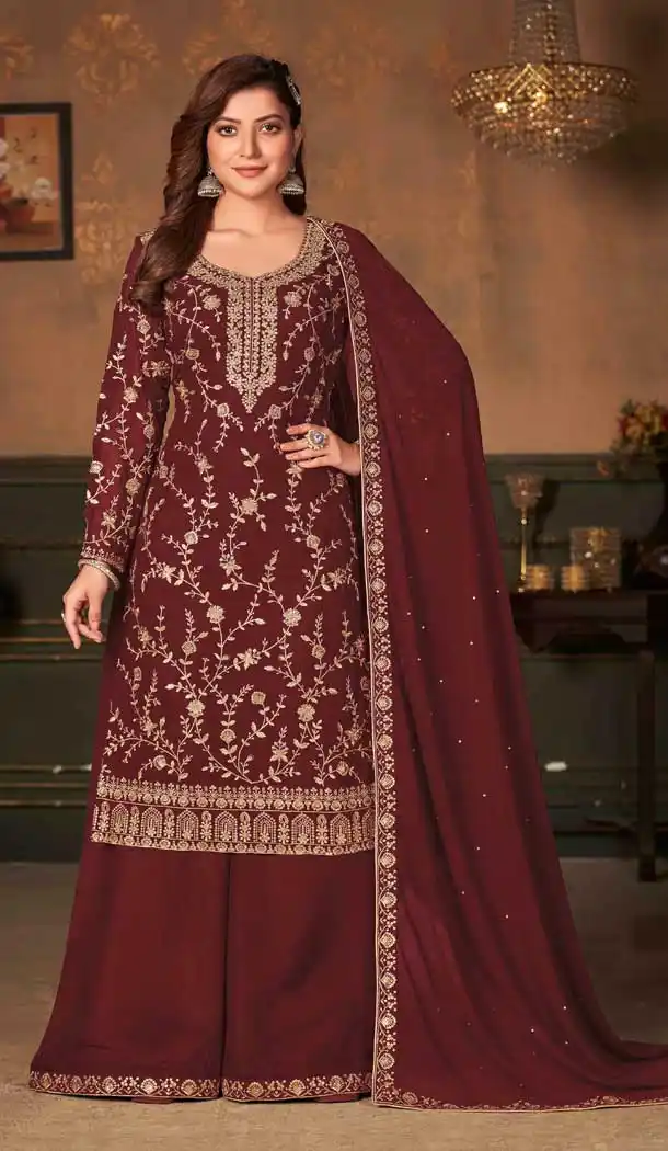 Maroon Color Fox Georgette Evening Party Wear Palazzo Salwar Suit -3203145145