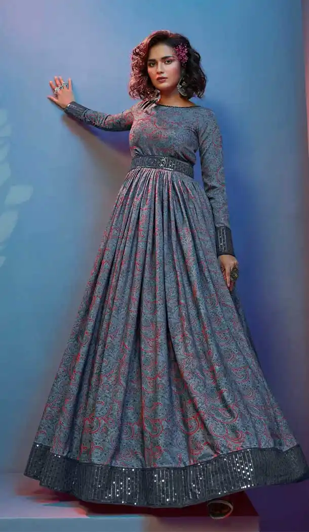 Elegance Gray Color Natural Crepe Party Wear Gown Dress For Girls -3194145076