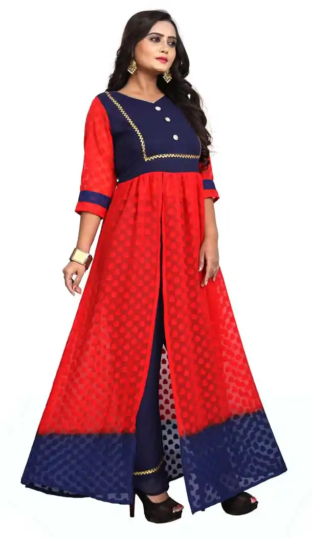 Red Blue Color Georgette Butti Anarkali Style Long Readymade Kurti -3196145085