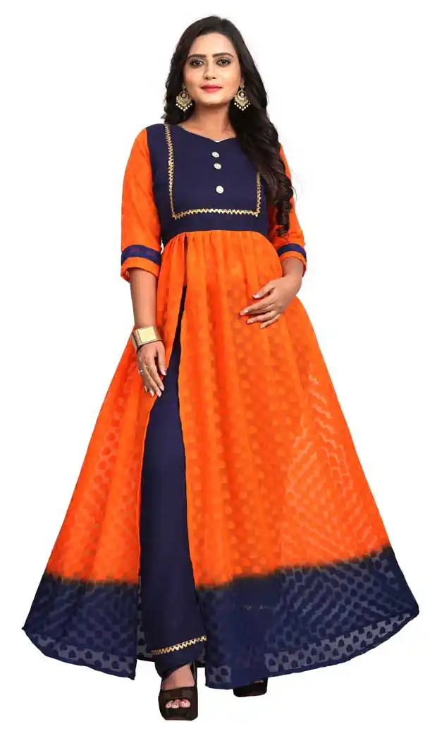 Orange Blue Color Georgette Butti Anarkali Style Long Readymade Kurti -3196145086