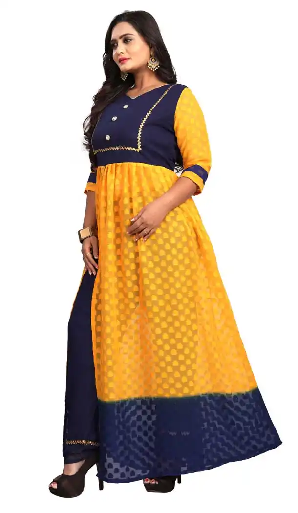 Yellow Blue Color Georgette Butti Anarkali Style Long Readymade Kurti -3196145087