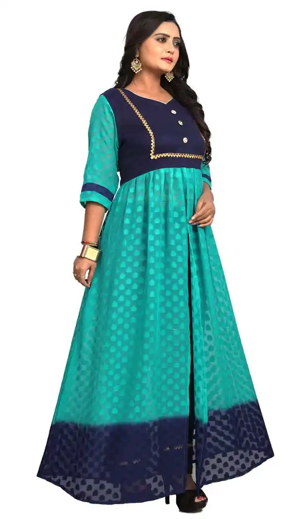 Turquoise Blue Color Georgette Butti Anarkali Style Long Readymade Kurti -3196145088