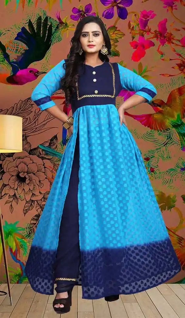 Sky Blue Color Georgette Butti Anarkali Style Long Readymade Kurti -3196145090