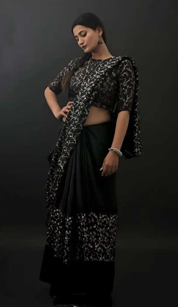 Black Color Chinon Designer Party Wear Fany Women Saree Blouse -3209145182