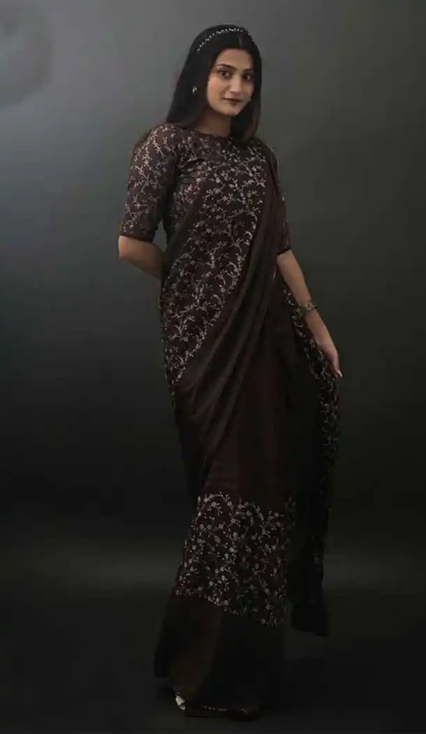 Brown Color Chinon Designer Party Wear Fancy Women Saree Blouse -3209145189
