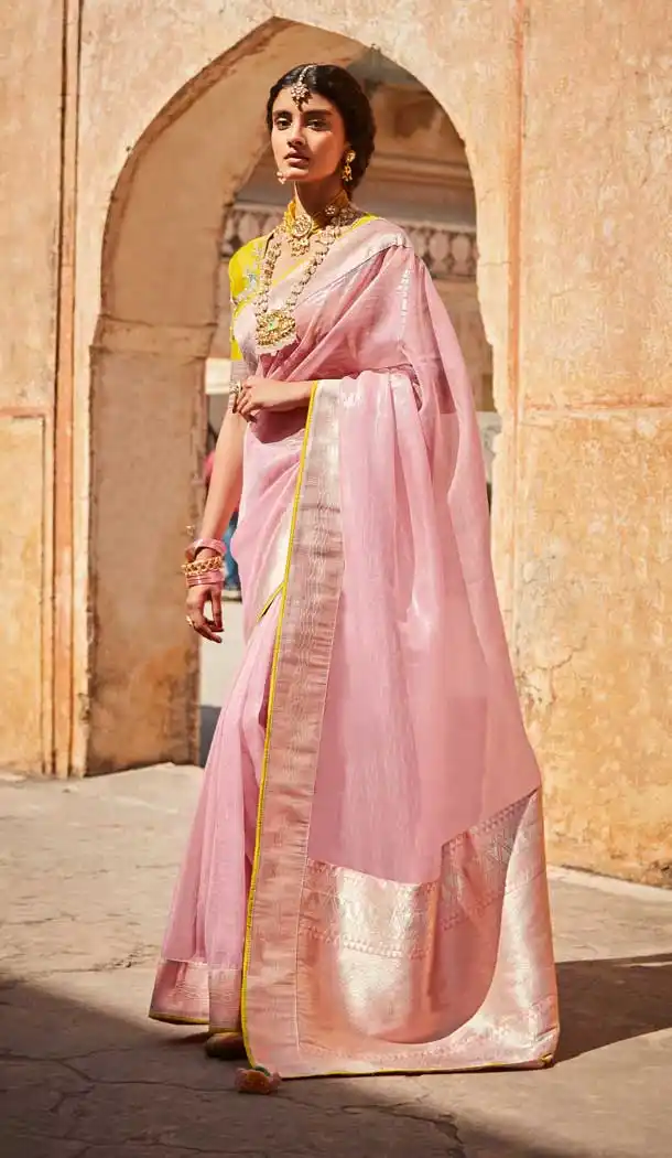 Rose Pink Color Silk Jacquard Work Traditional Party Wear Saree Blouse -3220145267
