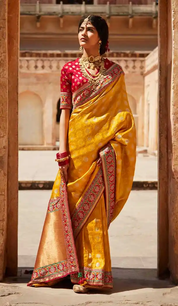 Mustard Color Silk Jacquard Work Traditional Party Wear Saree Blouse -3220145268