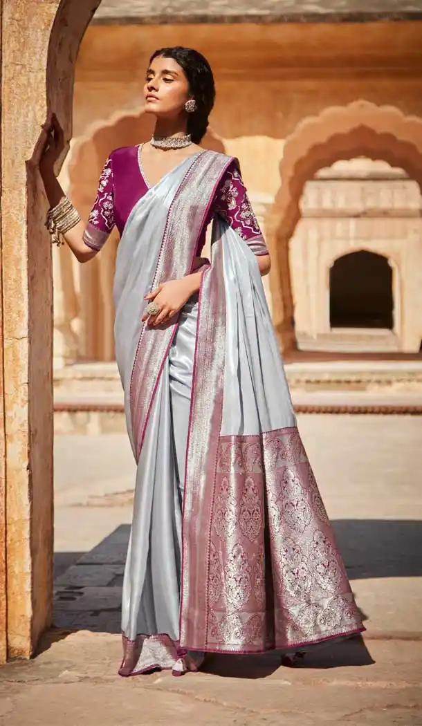 Grey Color Silk Jacquard Work Traditional Party Wear Saree Blouse -3220145269