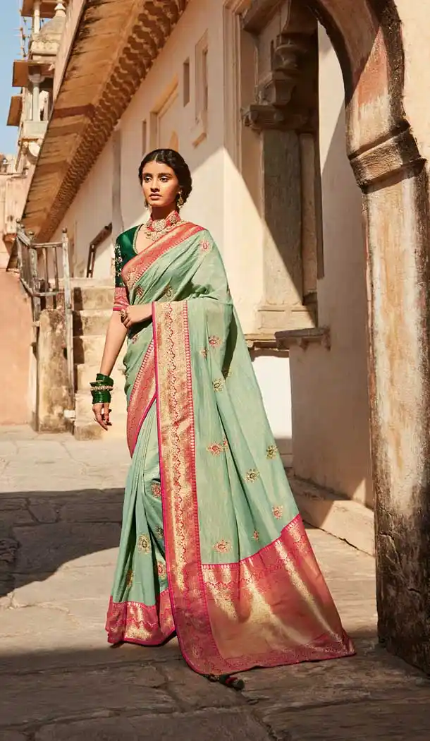 Pista Green Color Silk Jacquard Work Traditional Party Wear Saree Blouse -3220145270