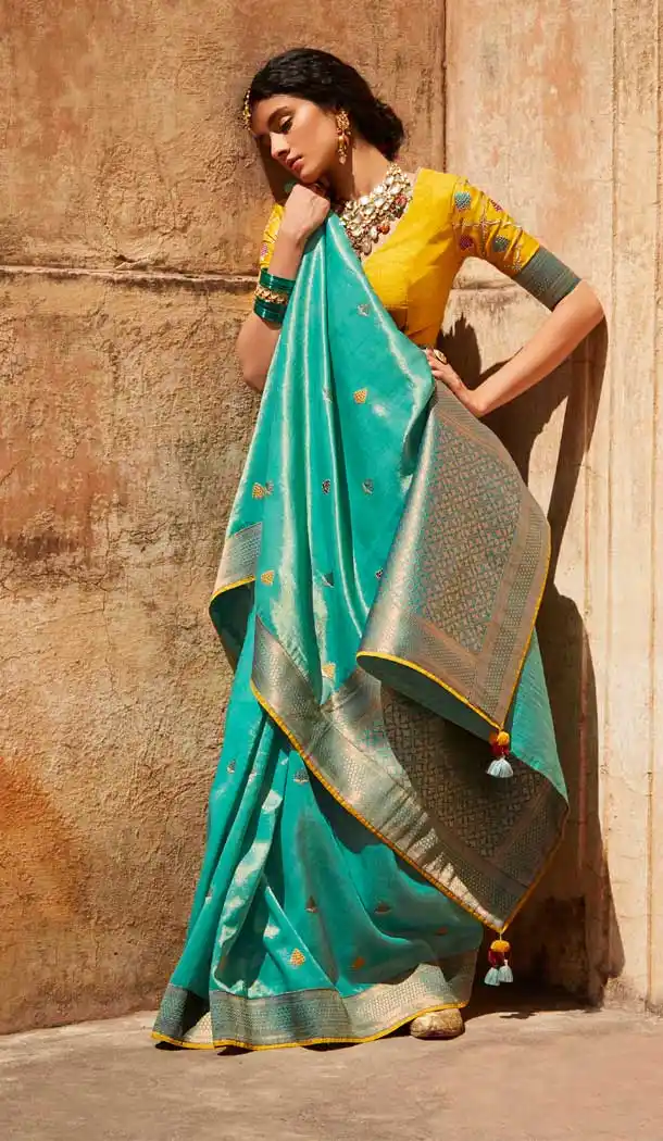Sky Blue Color Silk Jacquard Work Traditional Party Wear Saree Blouse -3220145271