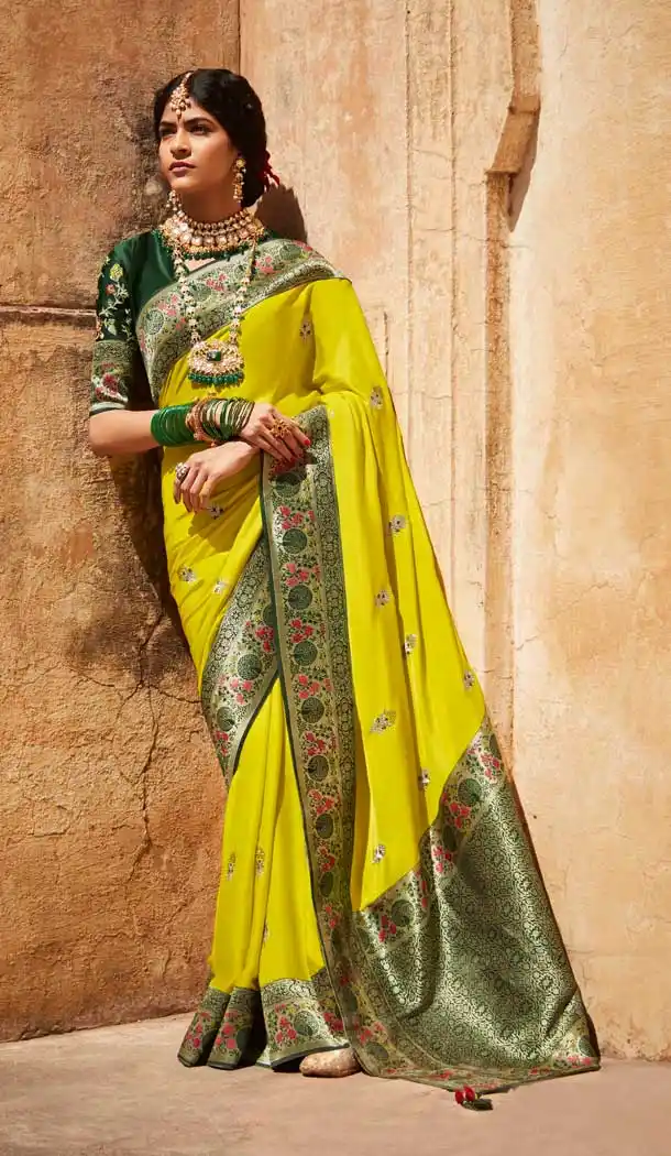 Yellow Color Silk Jacquard Work Traditional Party Wear Saree Blouse -3220145273