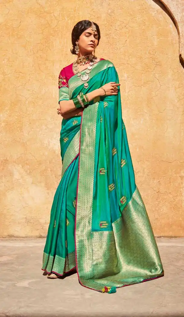 Teal Blue Color Silk Jacquard Work Traditional Party Wear Saree Blouse -3220145274