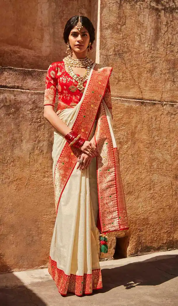 Off White Color Silk Jacquard Work Traditional Party Wear Saree Blouse -3220145276
