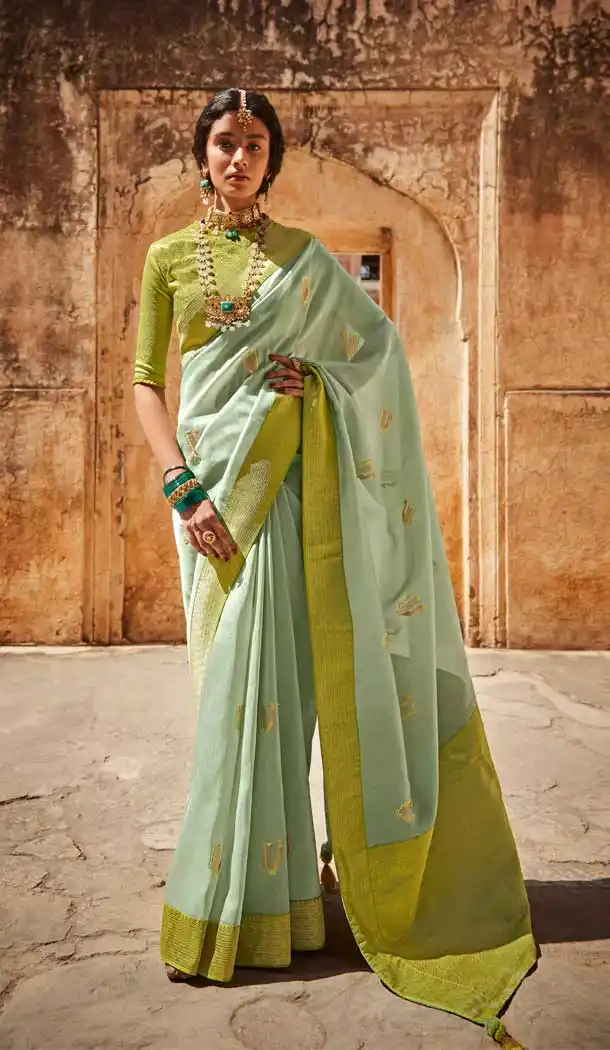 Mehendi Color Silk Jacquard Work Traditional Party Wear Saree Blouse -3220145278