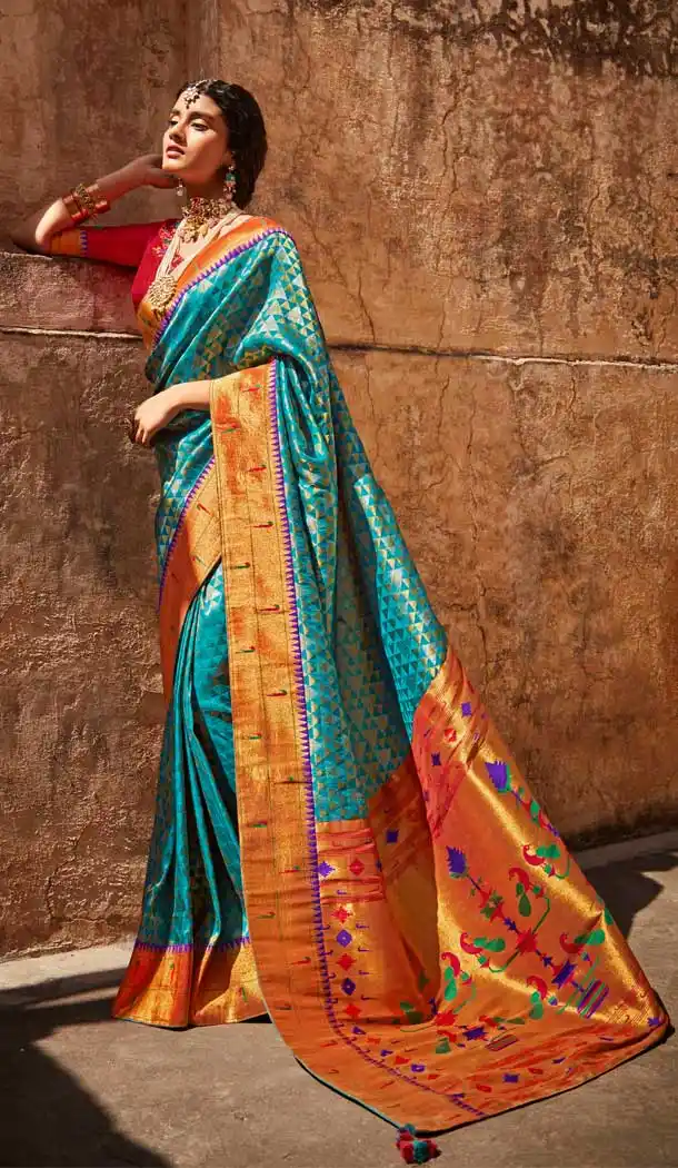 Orange Blue Color Silk Jacquard Work Traditional Party Wear Saree Blouse -3220145279