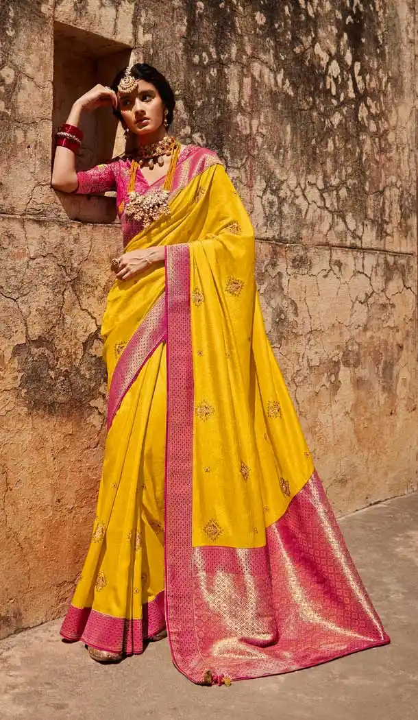 Pretty Mustard Color Silk Jacquard Work Traditional Party Wear Saree Blouse -3220145280