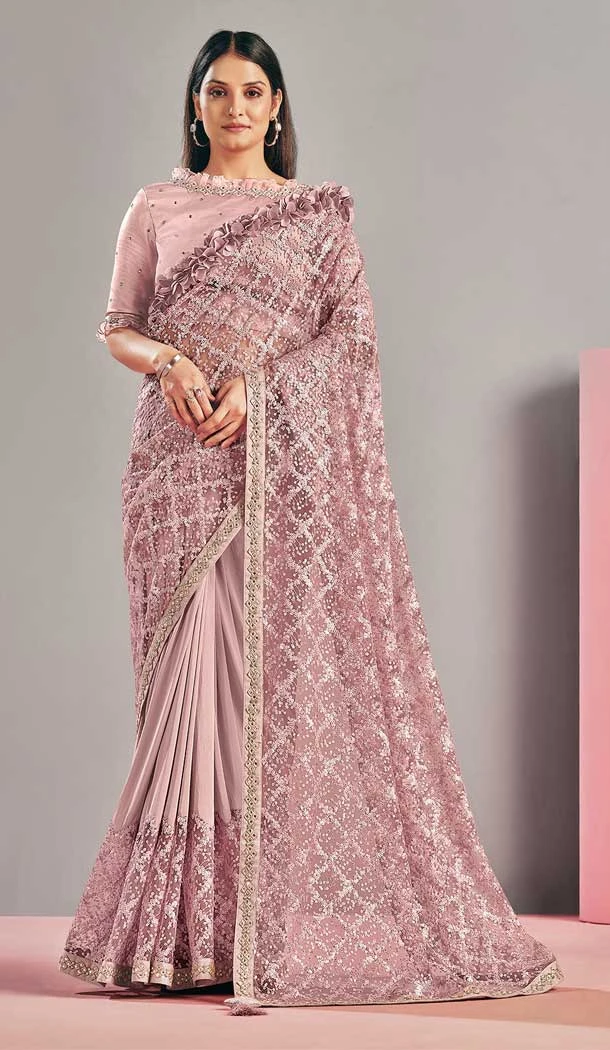 Rose Pink Color Net & Lycra Fancy Party Wear Designer Saree Blouse -3221145282