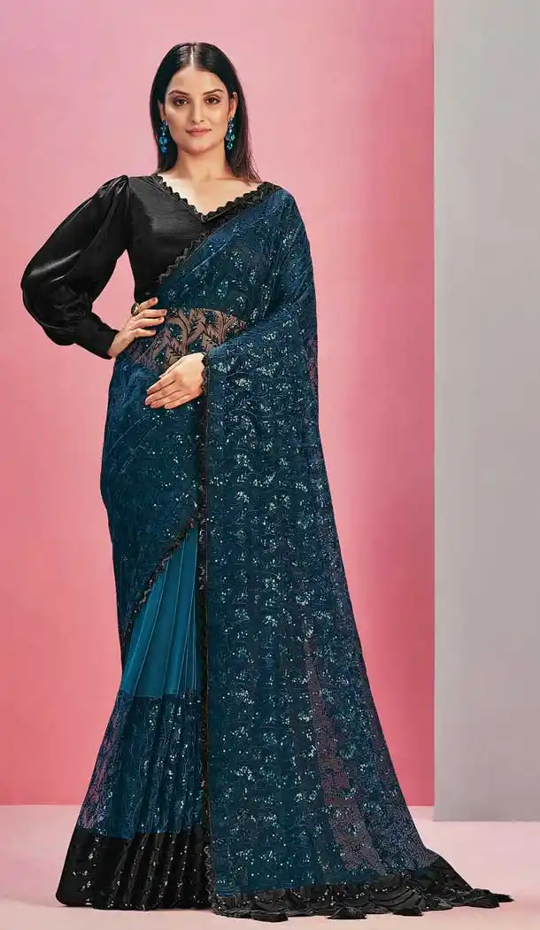 Royal Blue Color Net & Lycra Fancy Party Wear Designer Saree Blouse -3221145283