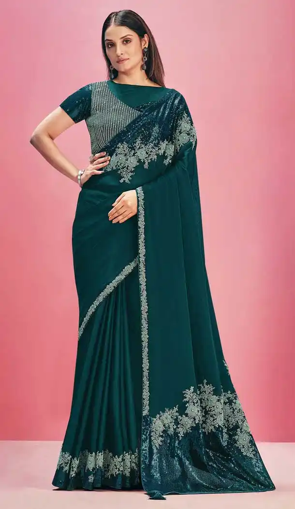 Teal Blue Color Silk Georgette Fancy Party Wear Designer Saree Blouse -3221145285