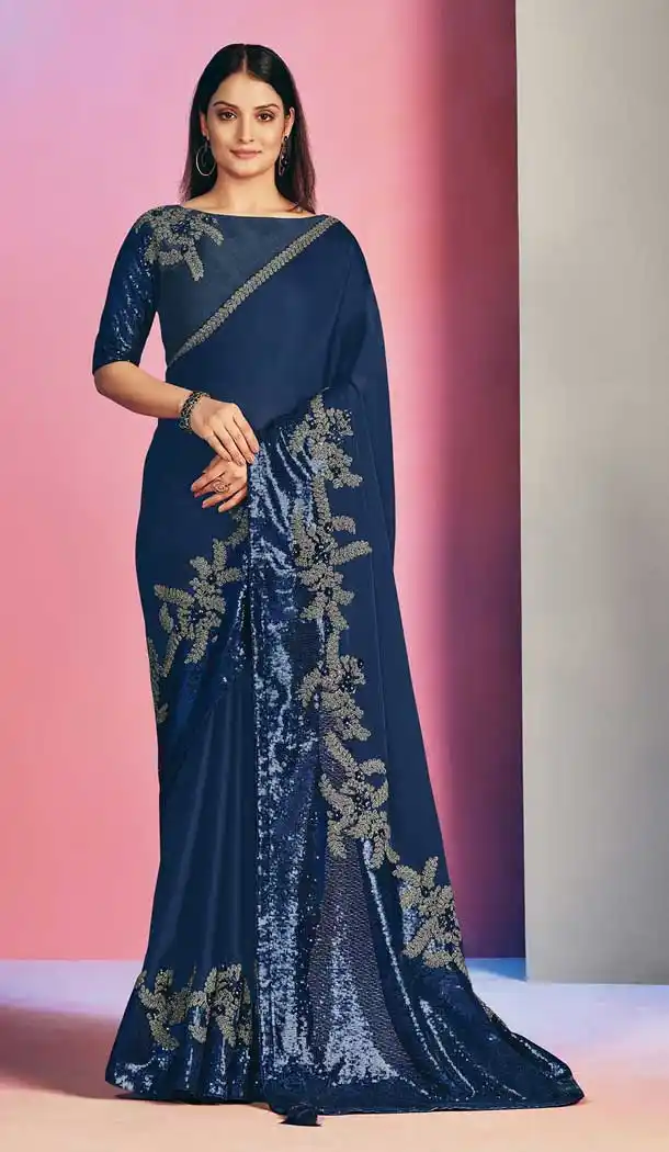 Blue Color Satin Silk Fancy Party Wear Designer Saree Blouse -3221145287