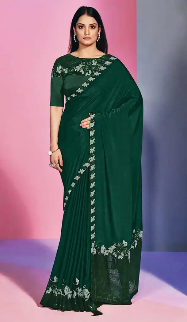 Green Color Satin Silk Fancy Party Wear Designer Saree Blouse -3221145289