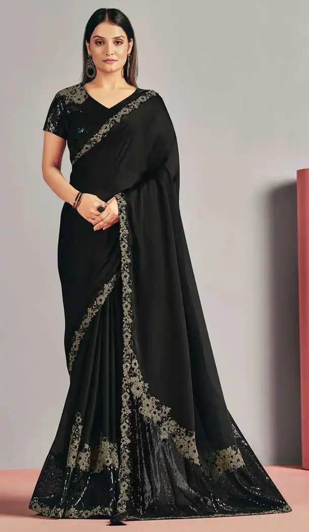 Black Color Satin Silk Fancy Party Wear Designer Saree Blouse -3221145290