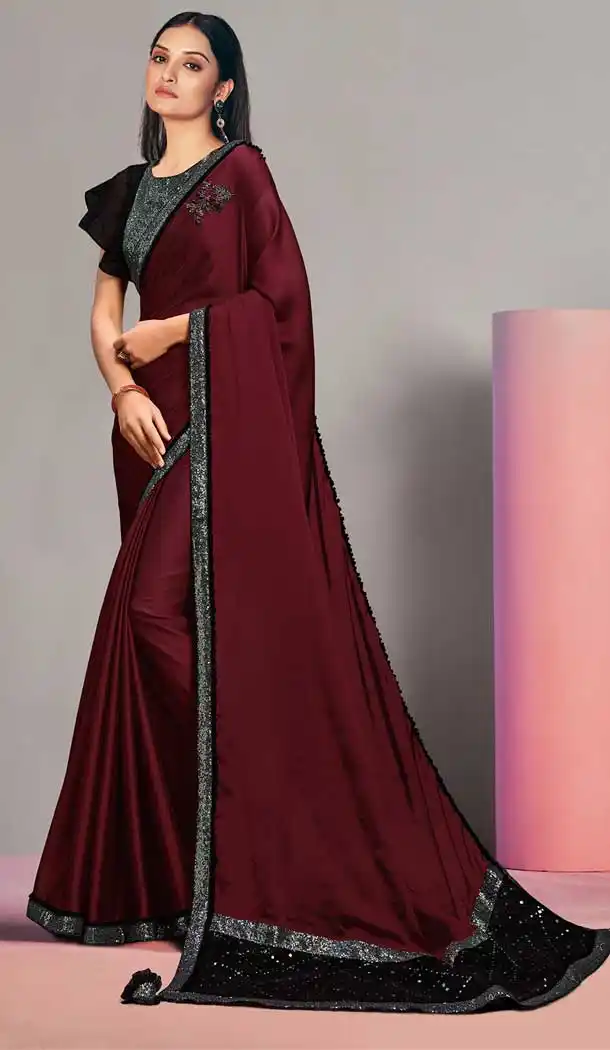 Maroon Color Satin Silk Fancy Party Wear Designer Saree Blouse -3221145291