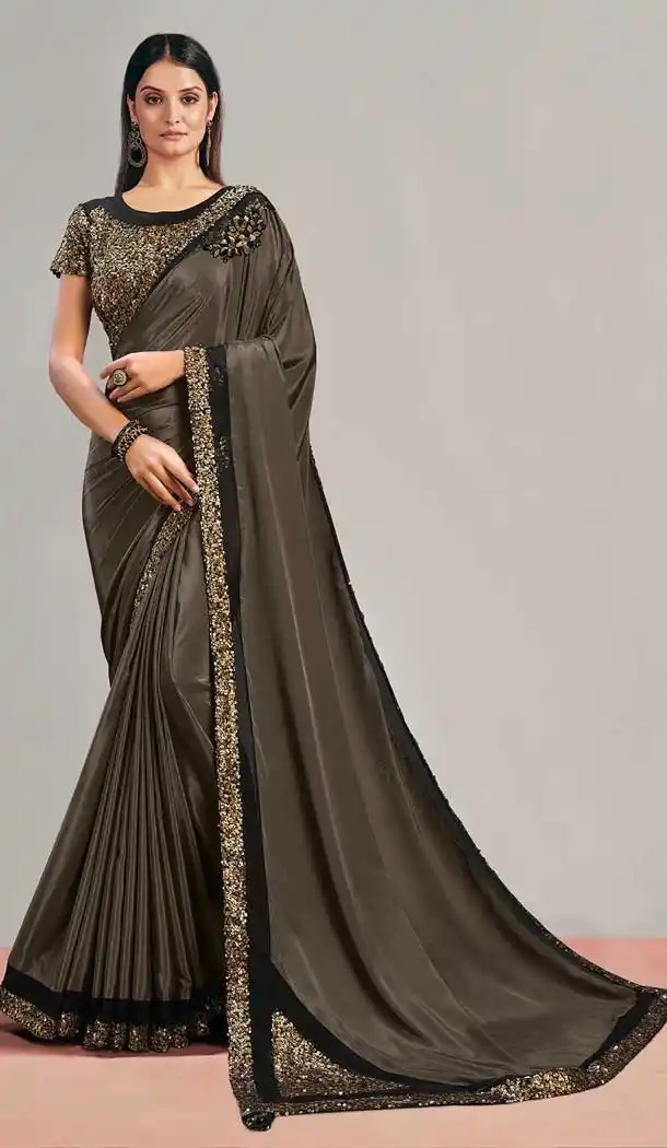 Grey Color Satin Silk Fancy Party Wear Designer Saree Blouse -3221145292