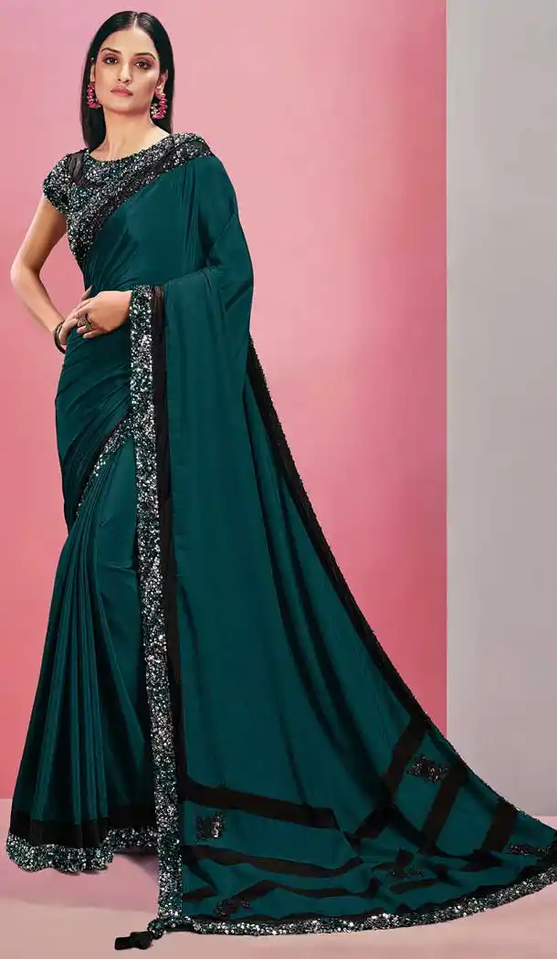 Teal Color Satin Georgette Fancy Party Wear Designer Saree Blouse -3221145294
