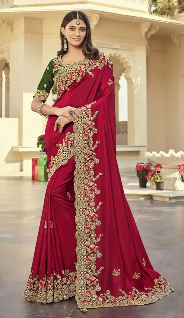 Maroon Color Viscose & Satin Designer Wedding Wear Saree Blouse -3118144617