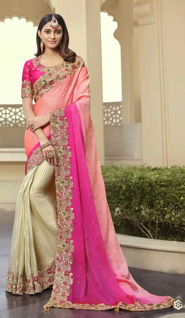 Tow Tone Pink Peach Color Viscose & Satin Designer Wedding Wear Saree Blouse -3118144619