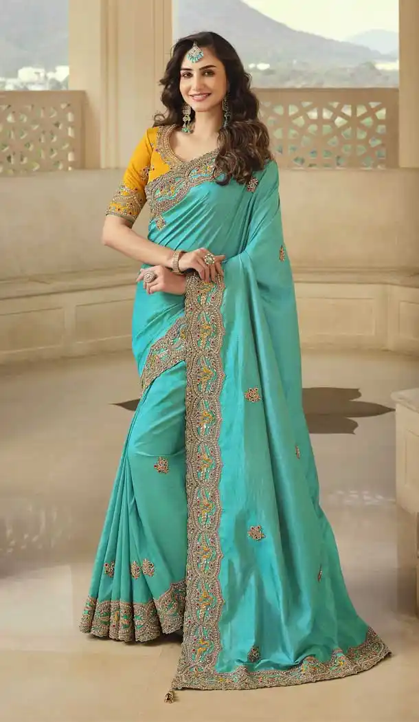 Sky Blue Color Viscose & Satin Designer Wedding Wear Saree Blouse -3118144620