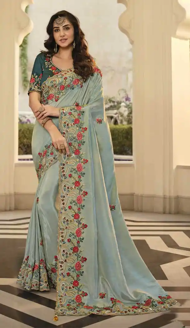 Grey Color Viscose & Satin Designer Wedding Wear Saree Blouse -3118144621