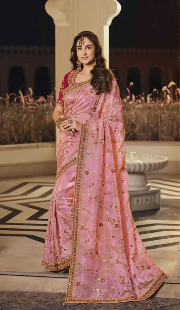 Rose Pink Color Viscose & Satin Designer Wedding Wear Saree Blouse -3118144622