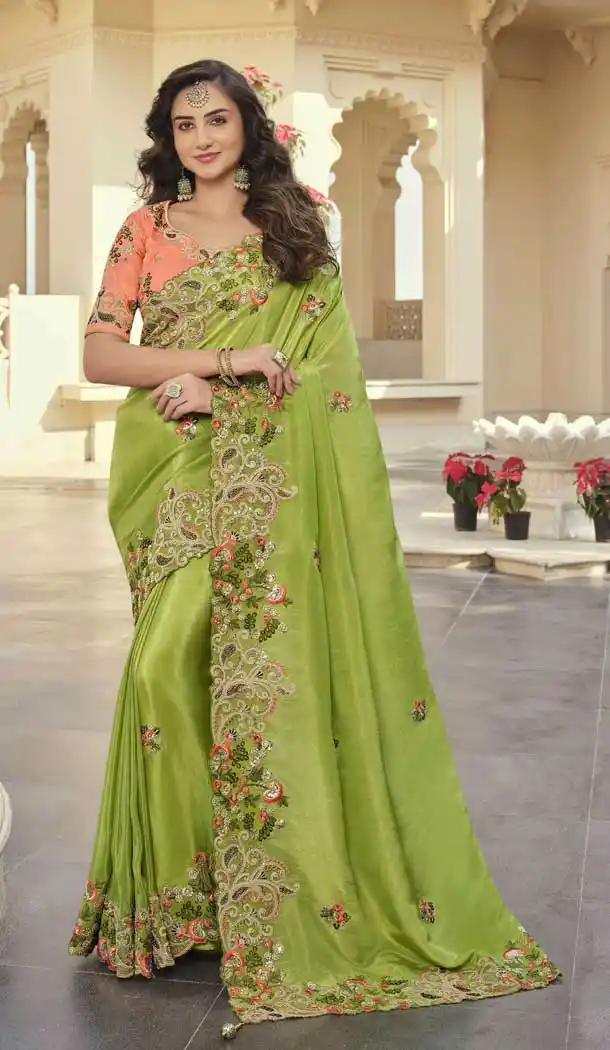 Pista Green Color Viscose & Satin Designer Wedding Wear Saree Blouse -3118144623