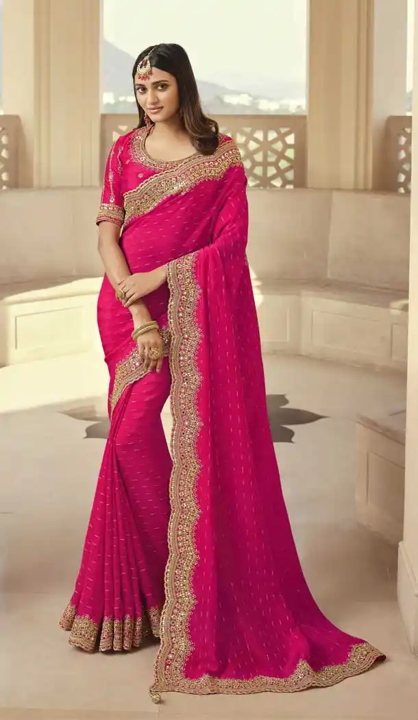 Rani Pink Color Viscose & Satin Designer Wedding Wear Saree Blouse -3118144624