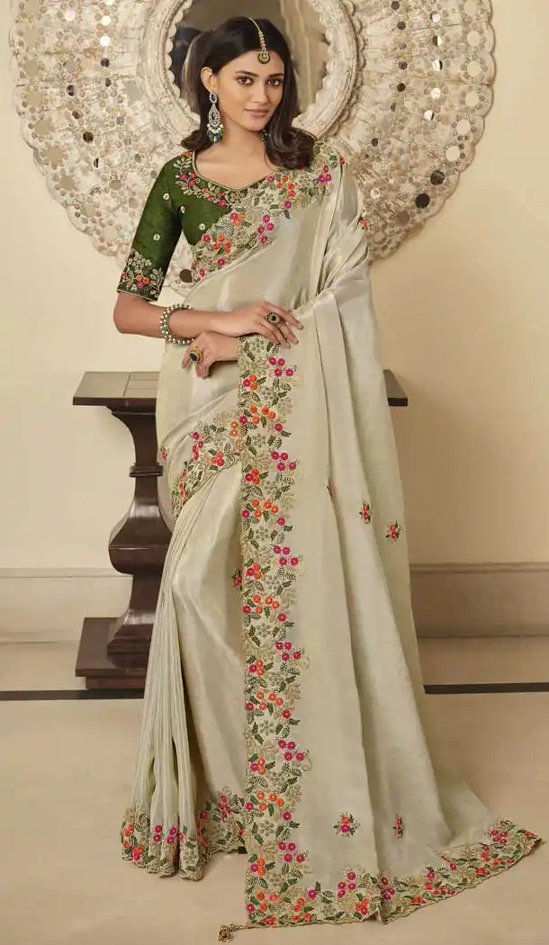 Off White Color Viscose & Satin Designer Wedding Wear Saree Blouse -3118144625