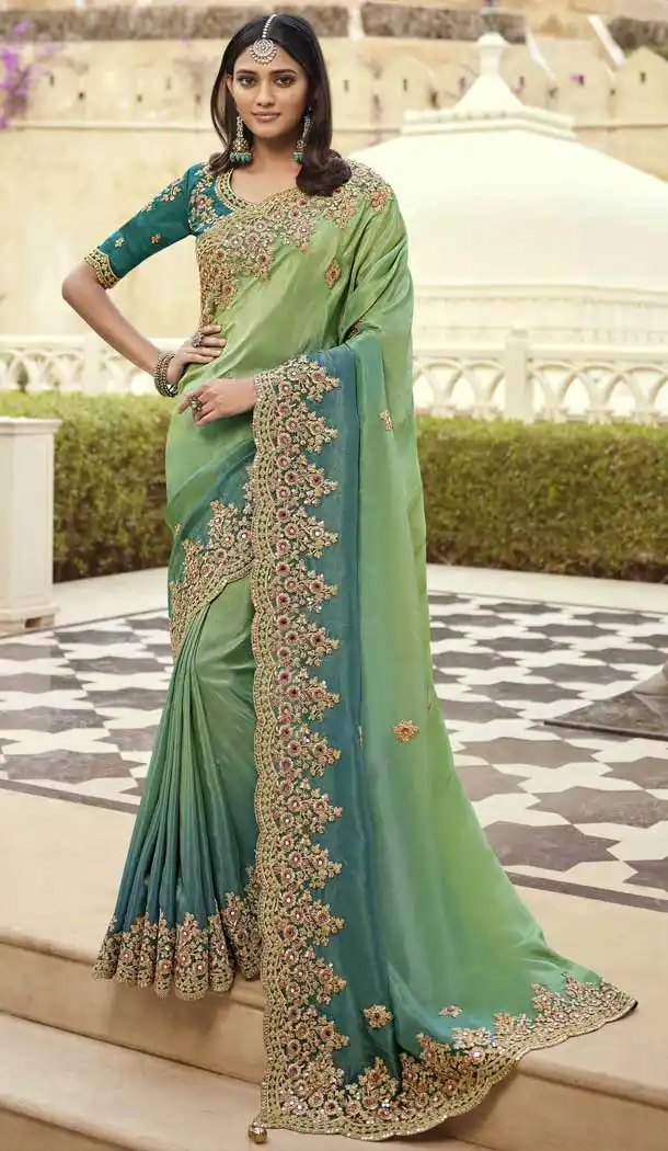 Tow Tone Green Color Viscose & Satin Designer Wedding Wear Saree Blouse -3118144626