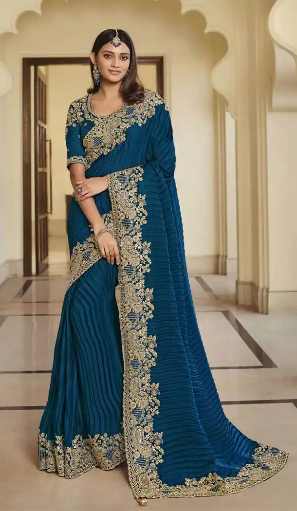 Navy Blue Color Viscose & Satin Designer Wedding Wear Saree Blouse -3118144627