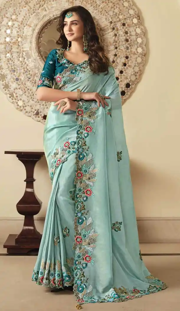 Carolina Blue Color Viscose & Satin Designer Wedding Wear Saree Blouse -3118144628